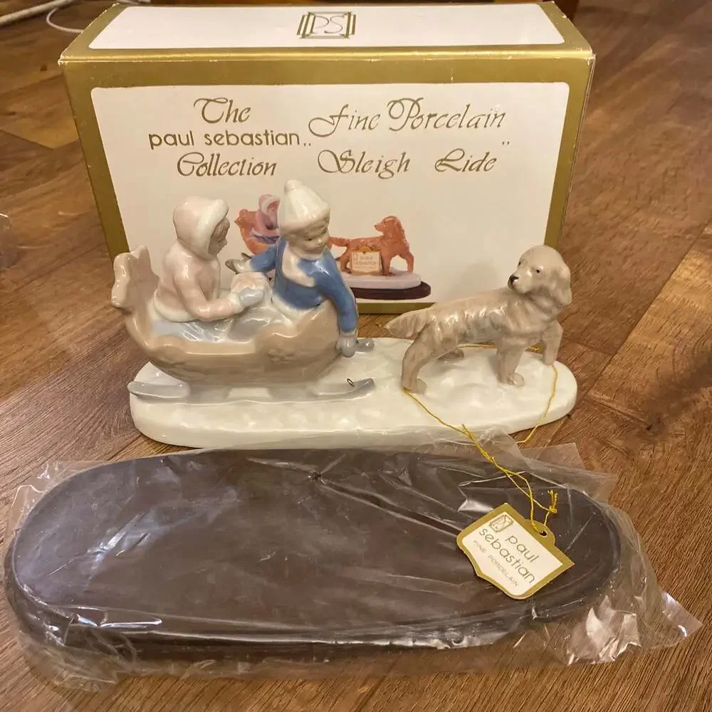 Paul Sebastian‎ Figurine Sleigh Ride With Dog Porcelain With Wood Base Vintage